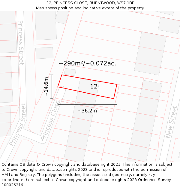 12, PRINCESS CLOSE, BURNTWOOD, WS7 1BP: Plot and title map