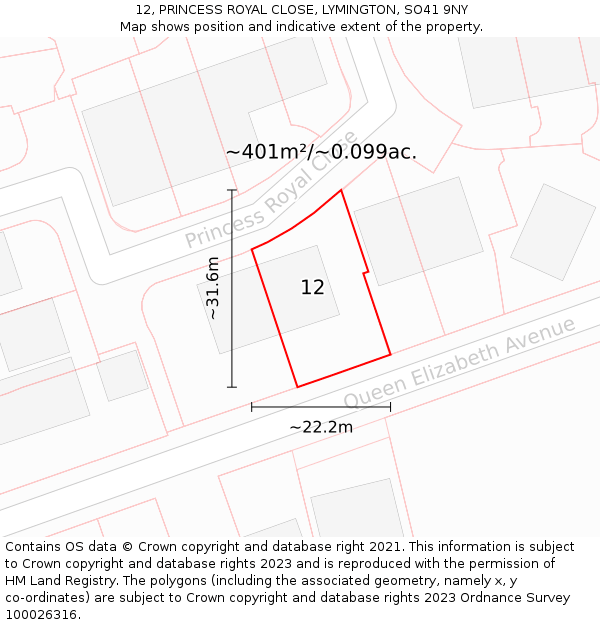 12, PRINCESS ROYAL CLOSE, LYMINGTON, SO41 9NY: Plot and title map