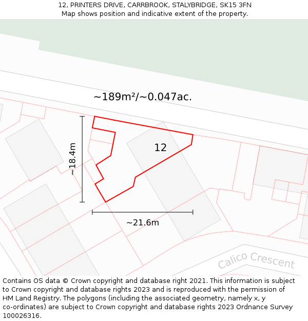 12, PRINTERS DRIVE, CARRBROOK, STALYBRIDGE, SK15 3FN: Plot and title map