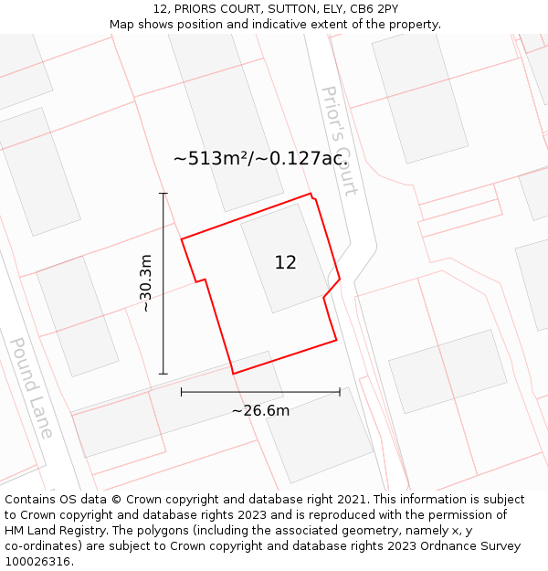 12, PRIORS COURT, SUTTON, ELY, CB6 2PY: Plot and title map