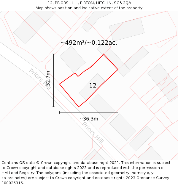 12, PRIORS HILL, PIRTON, HITCHIN, SG5 3QA: Plot and title map