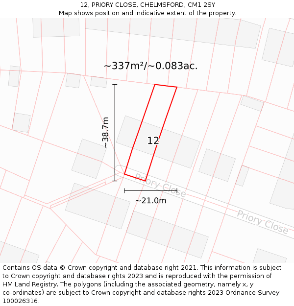 12, PRIORY CLOSE, CHELMSFORD, CM1 2SY: Plot and title map