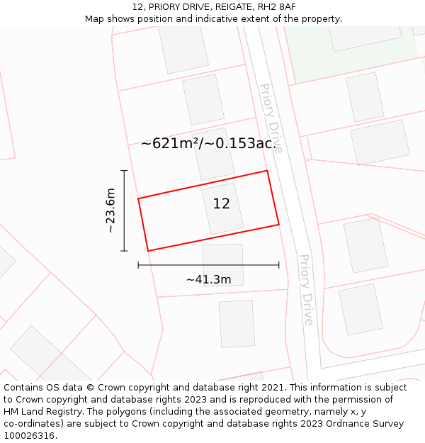 12, PRIORY DRIVE, REIGATE, RH2 8AF: Plot and title map