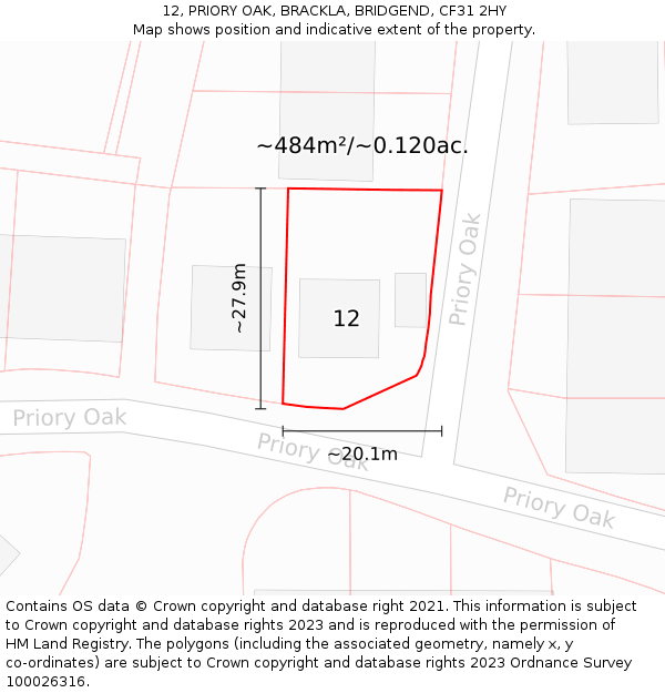 12, PRIORY OAK, BRACKLA, BRIDGEND, CF31 2HY: Plot and title map