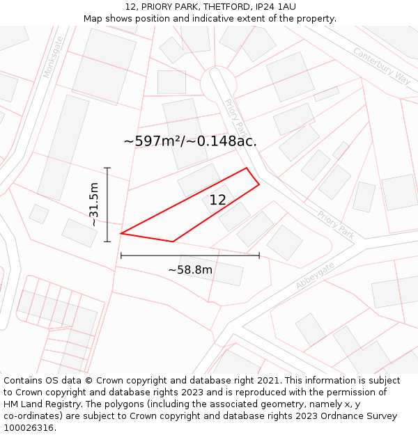 12, PRIORY PARK, THETFORD, IP24 1AU: Plot and title map