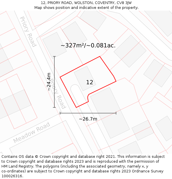 12, PRIORY ROAD, WOLSTON, COVENTRY, CV8 3JW: Plot and title map