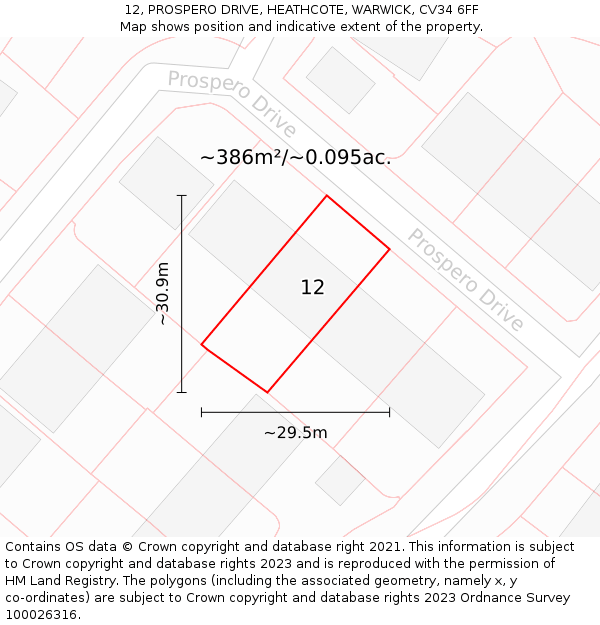 12, PROSPERO DRIVE, HEATHCOTE, WARWICK, CV34 6FF: Plot and title map