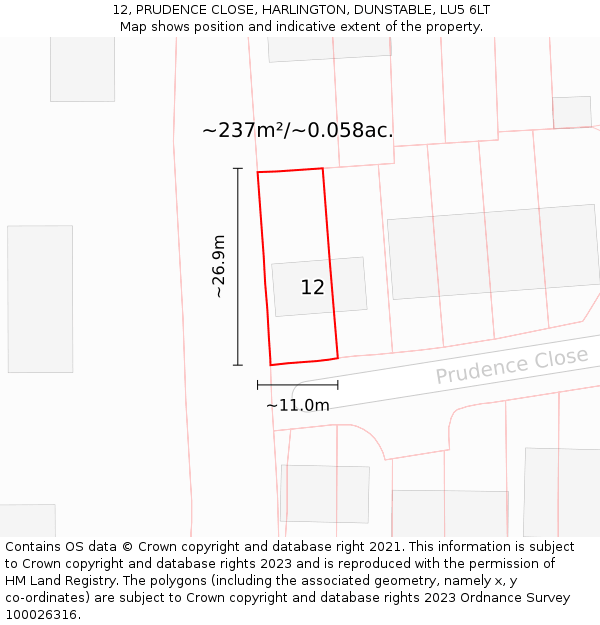 12, PRUDENCE CLOSE, HARLINGTON, DUNSTABLE, LU5 6LT: Plot and title map