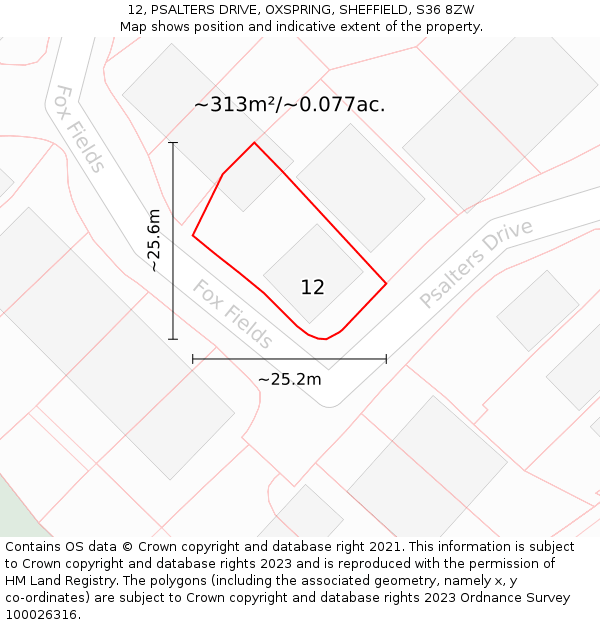 12, PSALTERS DRIVE, OXSPRING, SHEFFIELD, S36 8ZW: Plot and title map