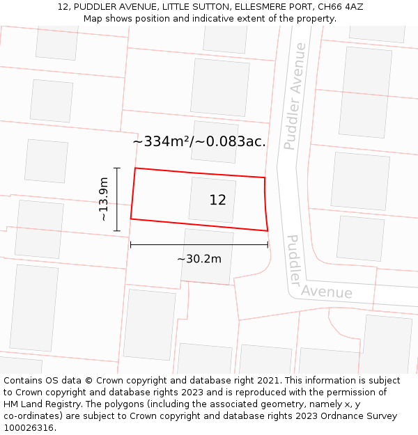 12, PUDDLER AVENUE, LITTLE SUTTON, ELLESMERE PORT, CH66 4AZ: Plot and title map