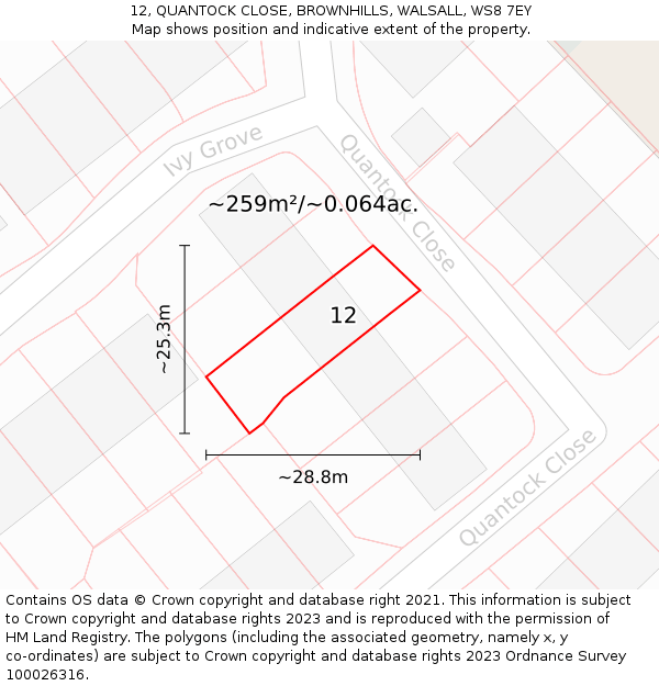 12, QUANTOCK CLOSE, BROWNHILLS, WALSALL, WS8 7EY: Plot and title map