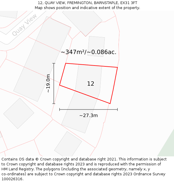 12, QUAY VIEW, FREMINGTON, BARNSTAPLE, EX31 3FT: Plot and title map