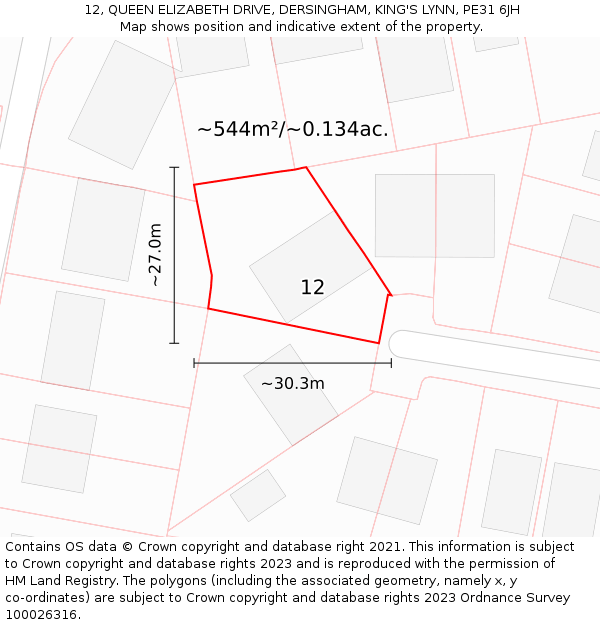 12, QUEEN ELIZABETH DRIVE, DERSINGHAM, KING'S LYNN, PE31 6JH: Plot and title map