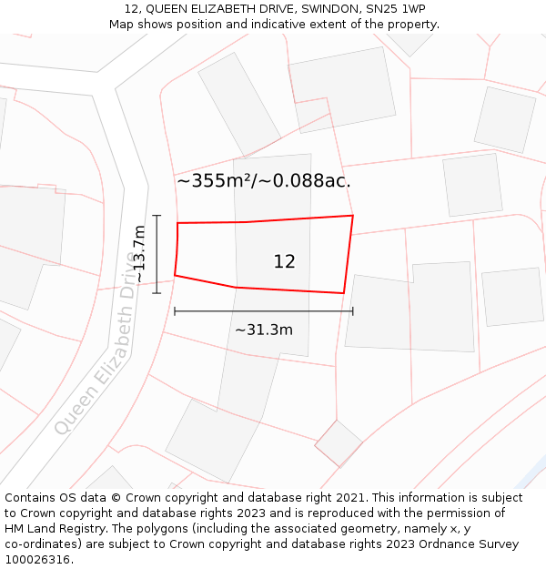 12, QUEEN ELIZABETH DRIVE, SWINDON, SN25 1WP: Plot and title map