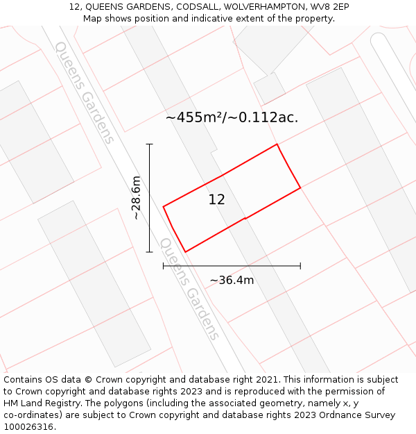 12, QUEENS GARDENS, CODSALL, WOLVERHAMPTON, WV8 2EP: Plot and title map