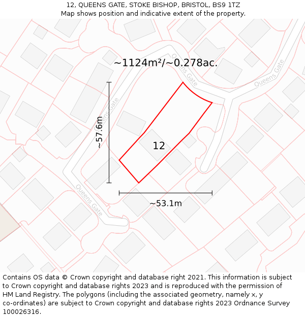 12, QUEENS GATE, STOKE BISHOP, BRISTOL, BS9 1TZ: Plot and title map