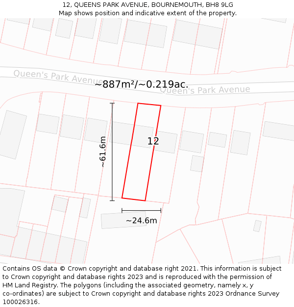 12, QUEENS PARK AVENUE, BOURNEMOUTH, BH8 9LG: Plot and title map