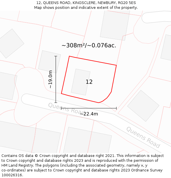 12, QUEENS ROAD, KINGSCLERE, NEWBURY, RG20 5ES: Plot and title map