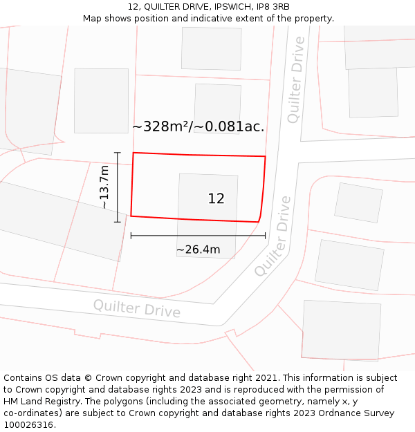 12, QUILTER DRIVE, IPSWICH, IP8 3RB: Plot and title map