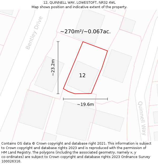12, QUINNELL WAY, LOWESTOFT, NR32 4WL: Plot and title map