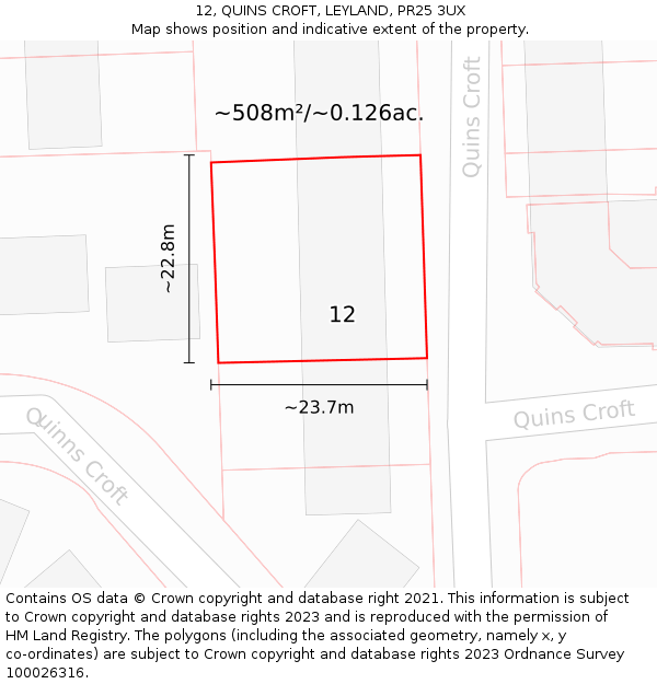 12, QUINS CROFT, LEYLAND, PR25 3UX: Plot and title map