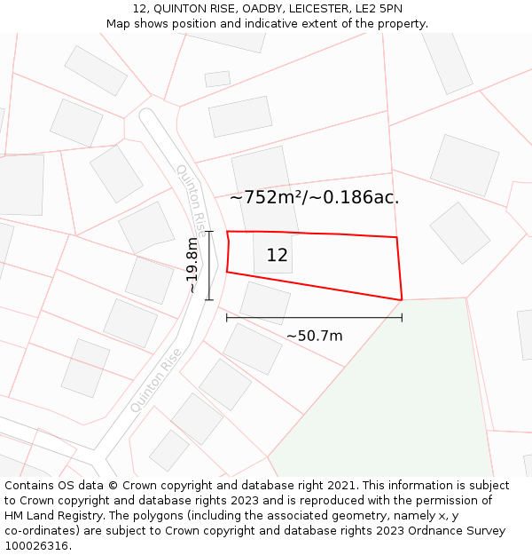 12, QUINTON RISE, OADBY, LEICESTER, LE2 5PN: Plot and title map
