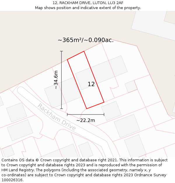 12, RACKHAM DRIVE, LUTON, LU3 2AF: Plot and title map