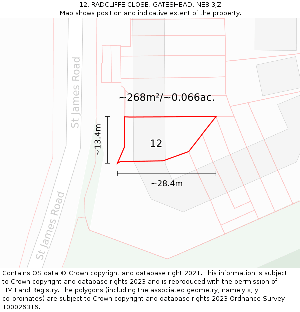 12, RADCLIFFE CLOSE, GATESHEAD, NE8 3JZ: Plot and title map