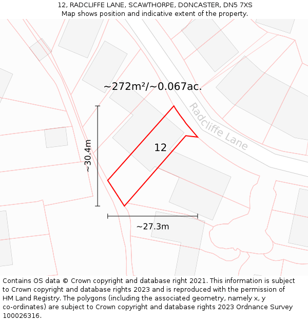12, RADCLIFFE LANE, SCAWTHORPE, DONCASTER, DN5 7XS: Plot and title map
