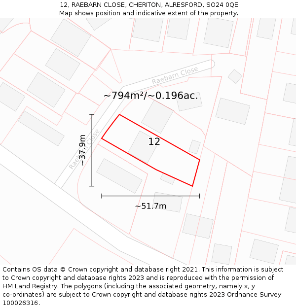 12, RAEBARN CLOSE, CHERITON, ALRESFORD, SO24 0QE: Plot and title map
