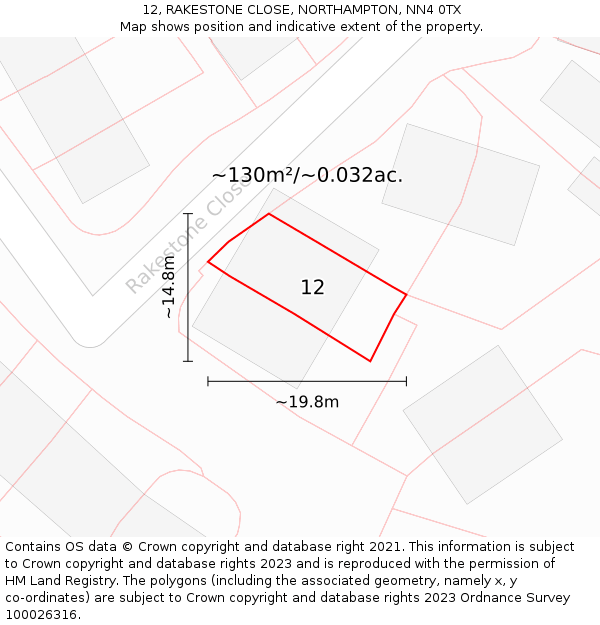 12, RAKESTONE CLOSE, NORTHAMPTON, NN4 0TX: Plot and title map