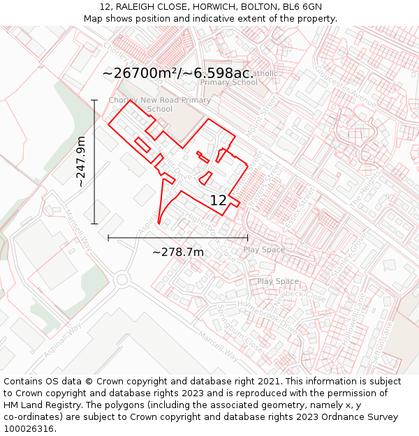 12, RALEIGH CLOSE, HORWICH, BOLTON, BL6 6GN: Plot and title map