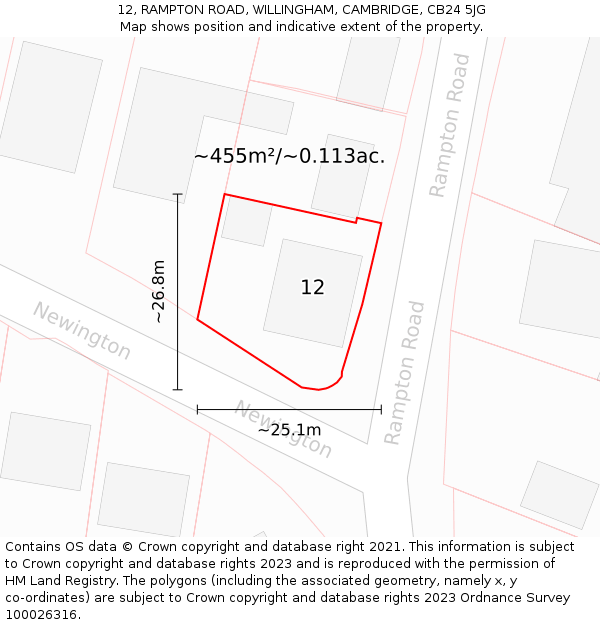 12, RAMPTON ROAD, WILLINGHAM, CAMBRIDGE, CB24 5JG: Plot and title map