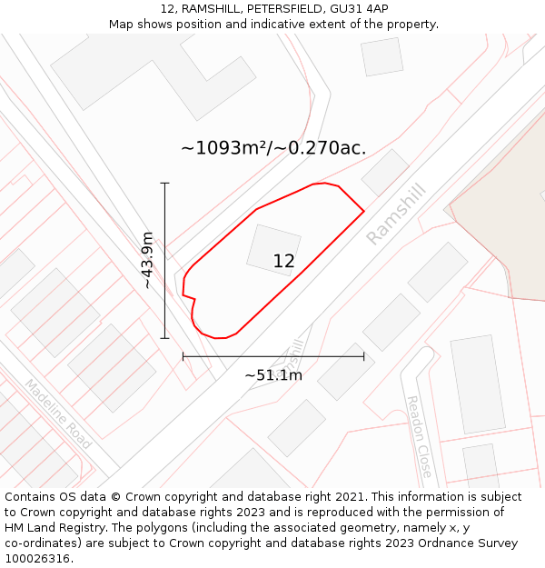 12, RAMSHILL, PETERSFIELD, GU31 4AP: Plot and title map