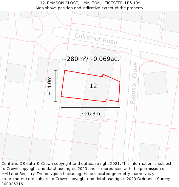 12, RAMSON CLOSE, HAMILTON, LEICESTER, LE5 1RY: Plot and title map