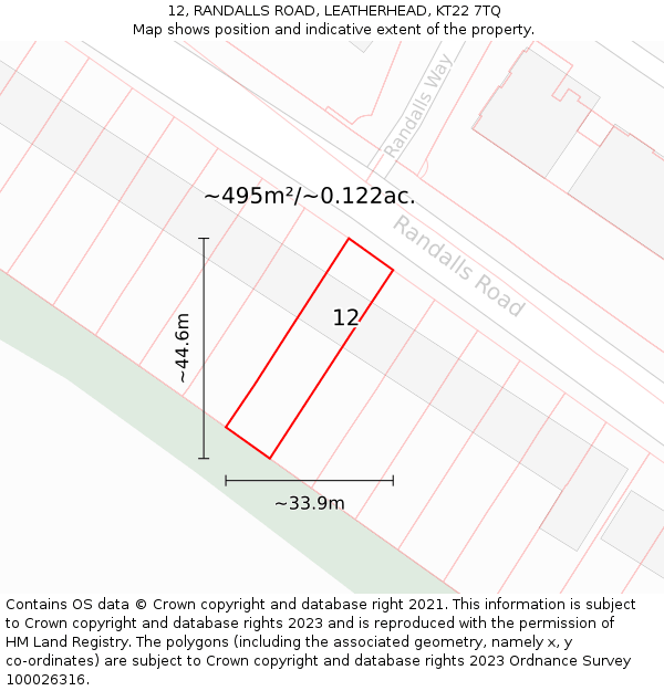 12, RANDALLS ROAD, LEATHERHEAD, KT22 7TQ: Plot and title map