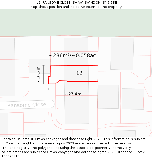 12, RANSOME CLOSE, SHAW, SWINDON, SN5 5SE: Plot and title map