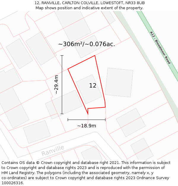 12, RANVILLE, CARLTON COLVILLE, LOWESTOFT, NR33 8UB: Plot and title map