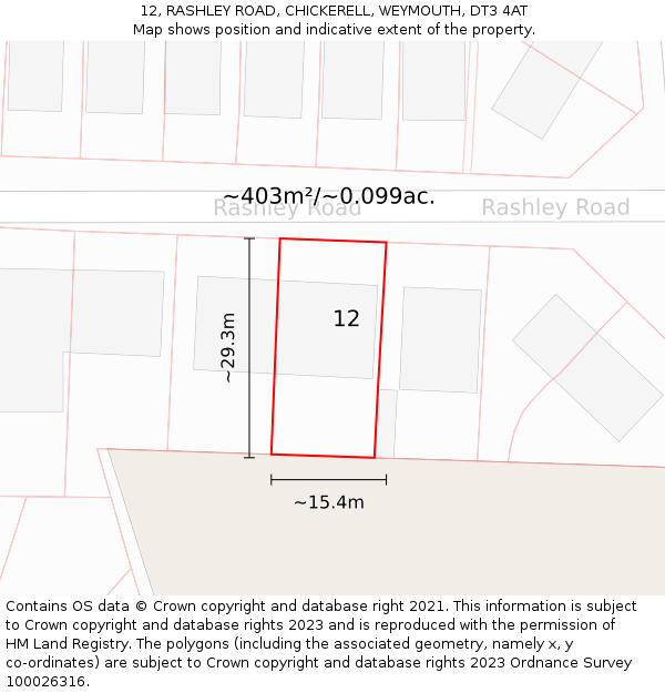 12, RASHLEY ROAD, CHICKERELL, WEYMOUTH, DT3 4AT: Plot and title map