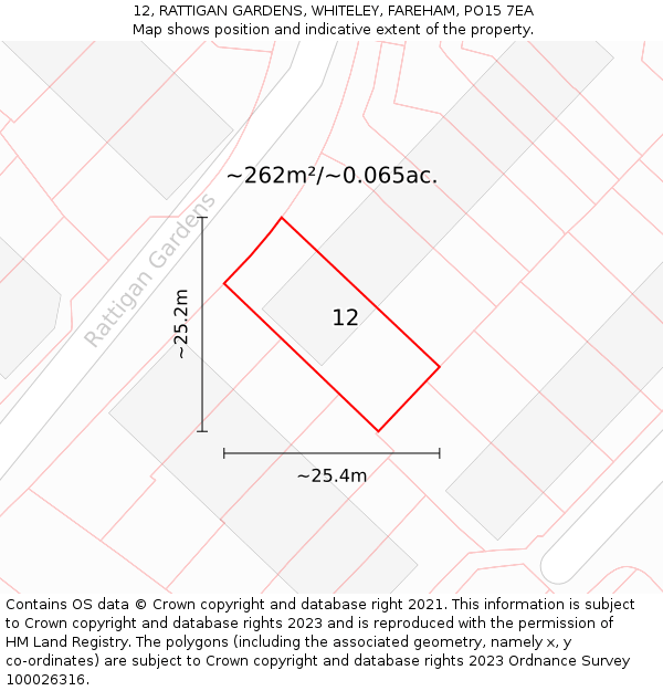 12, RATTIGAN GARDENS, WHITELEY, FAREHAM, PO15 7EA: Plot and title map