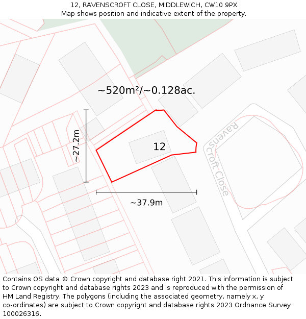 12, RAVENSCROFT CLOSE, MIDDLEWICH, CW10 9PX: Plot and title map