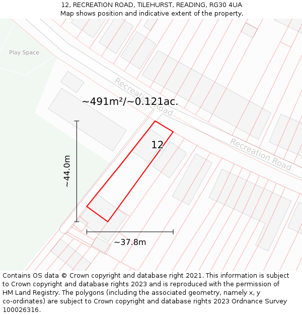 12, RECREATION ROAD, TILEHURST, READING, RG30 4UA: Plot and title map