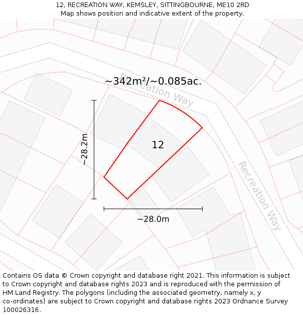 12, RECREATION WAY, KEMSLEY, SITTINGBOURNE, ME10 2RD: Plot and title map