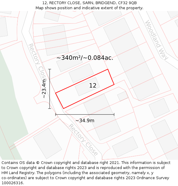 12, RECTORY CLOSE, SARN, BRIDGEND, CF32 9QB: Plot and title map