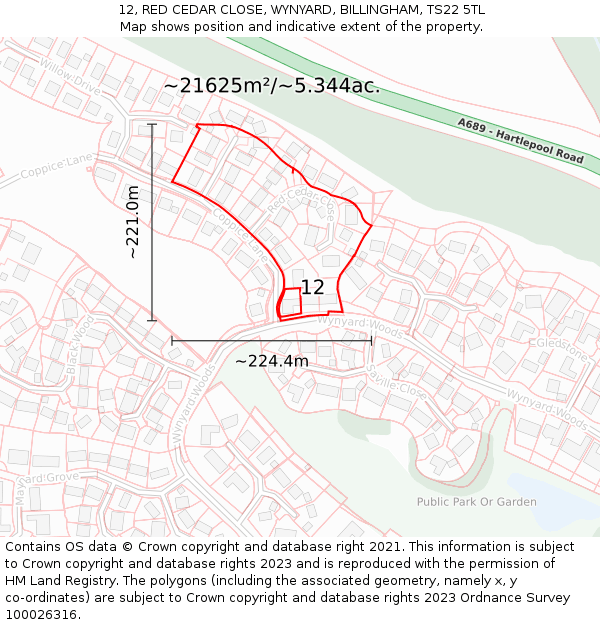 12, RED CEDAR CLOSE, WYNYARD, BILLINGHAM, TS22 5TL: Plot and title map
