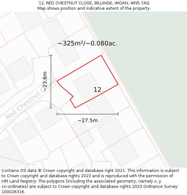 12, RED CHESTNUT CLOSE, BILLINGE, WIGAN, WN5 7AQ: Plot and title map