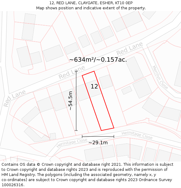 12, RED LANE, CLAYGATE, ESHER, KT10 0EP: Plot and title map