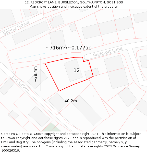 12, REDCROFT LANE, BURSLEDON, SOUTHAMPTON, SO31 8GS: Plot and title map
