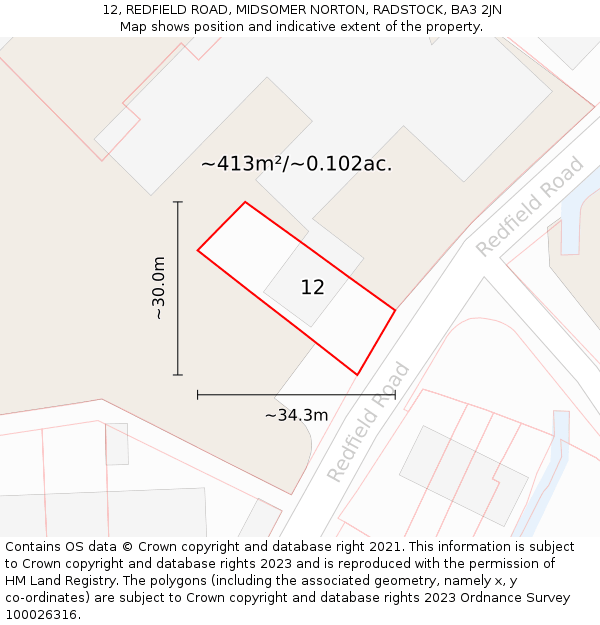 12, REDFIELD ROAD, MIDSOMER NORTON, RADSTOCK, BA3 2JN: Plot and title map