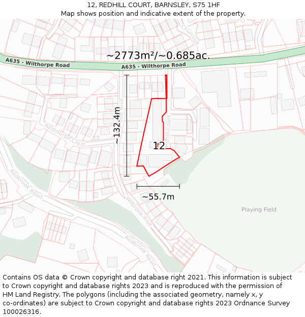 12, REDHILL COURT, BARNSLEY, S75 1HF: Plot and title map